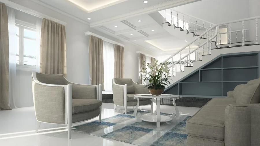 Family with dog playing on living room couch, using furniture durability in real home environment